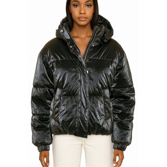Pull&Bear puffer coat/jacket black wet look zip/button up women's SZ M hip hop - Picture 1 of 9